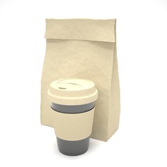 Coffee to go and lunch bag, on white.