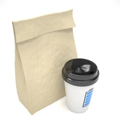Coffee to go and lunch bag, on white.