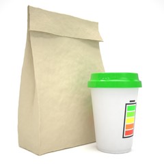 Coffee to go and lunch bag, on white.