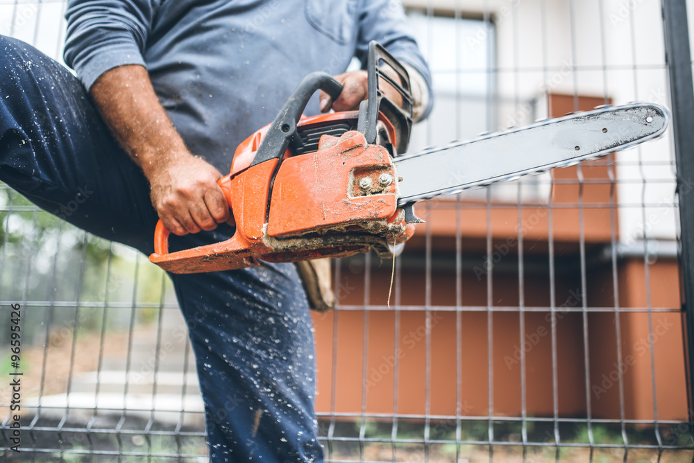 Wall mural worker using chainsaw for cutting timber wood, portrait with tools