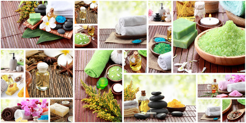 Fototapeta na wymiar spa concept collage. soap and essensials spa objects