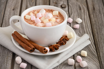 Hot chocolate with marshmallows on the rustic wooden table