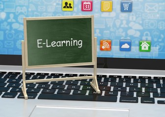  Laptop with chalkboard, e-learning, online education concept