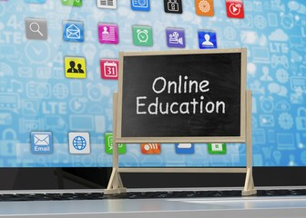  Laptop with chalkboard, online education concept