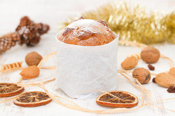 Italian Christmas dessert on white wooden background