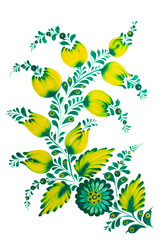 Traditional Ukrainian folk  painting in Petrykivka style. Hand drawn Petrikovka illustration. Gouache painting.