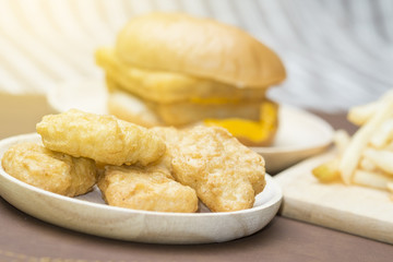 .Big hamburger, dubble cheese fish  nuggets and French fries