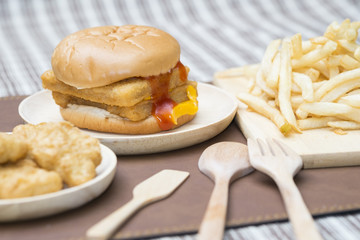 .Big hamburger, chicken nuggets and French fries