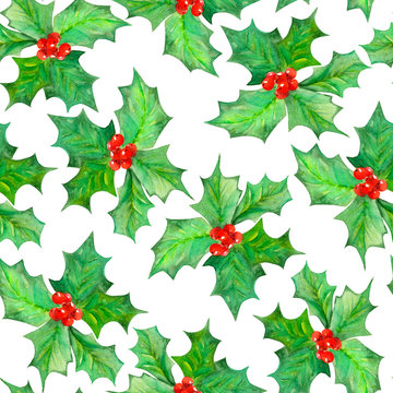 Seamless pattern with branches with the red berries and green leaves (holly tree) painted in watercolor on a white background