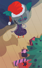 Christmas card with monster, who sees present under the christmas tree. Vector illustration, fun, fantasy.