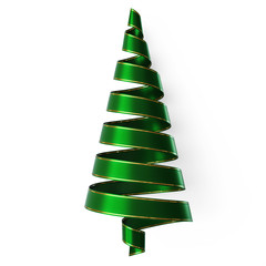 Green ribbon christmas tree with gold strips - isolated
