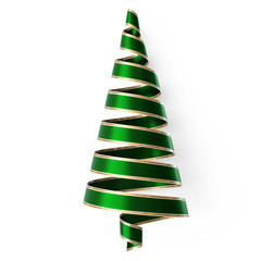 Green ribbon christmas tree with gold strips and white edges - isolated