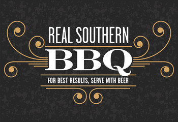 Decorative Real Southern BBQ vector design with the phrase For Best Results, Serve With Beer on grunge background. Fully scalable and editable.
