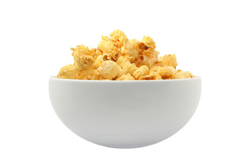 butter popcorn in white bowl isolated on white