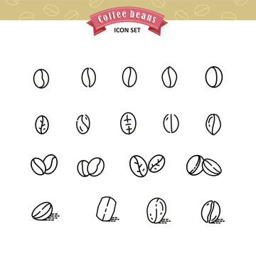 Set of vector linear coffee beans on white background.