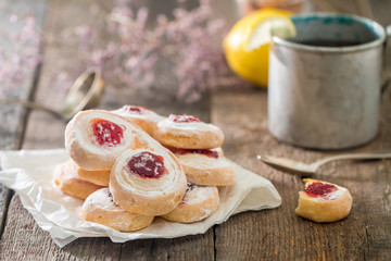 homemade jelly cookies puff pastry with red jam