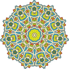 Ethnic Fractal Mandala Vector Meditation looks like Snowflake or Maya Aztec Pattern or Flower too Isolated on White Colorful