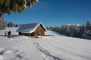 winter mountains scene with people