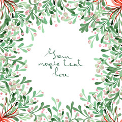 A Christmas wreath (frame) of a mistletoe painted in watercolor on a white background