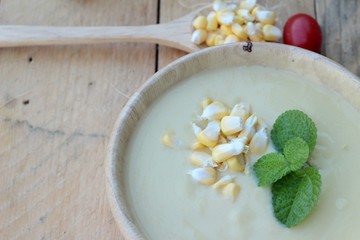 Corn soup of delicious and fresh corn .