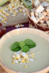 Corn soup of delicious and fresh corn .