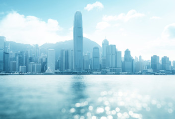 Obraz premium Hong Kong harbour at sunny day, tilt shift bokeh