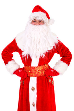 Christmas Santa Claus Portrait. Thinking with hands folded. Isolated on White Background