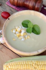 Corn soup of delicious and fresh corn .