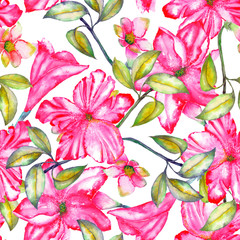 A seamless pattern with the watercolor crimson and scarlet exotic flowers, hibiscus on a white background