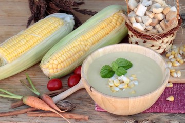 Corn soup of delicious and fresh corn .