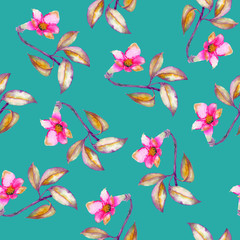 Fototapeta na wymiar A seamless pattern with the watercolor crimson and scarlet small exotic flowers, hibiscus on a turquoise background