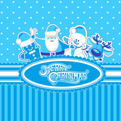 Vector banner Merry Christmas candy box with Santa Claus, snowman and gingerbread man