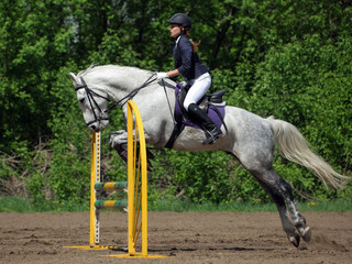 Girl in equestrian uniform on horseback jumping obstacle