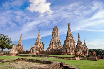 Old buddha pagoda temple with cloudy white sky in Ayuthaya Thailand