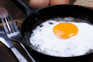 Fried egg on pan.
