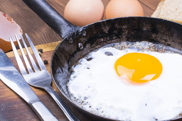 Fried egg on pan. Breakfast.