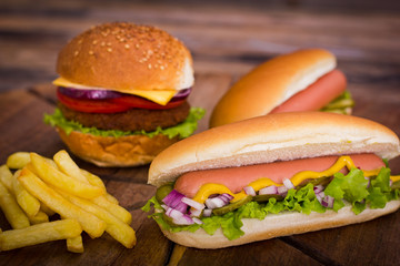 Fast food - Hot dogs, hamburger and French fries 