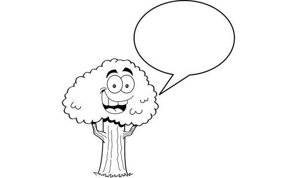 Black and white illustration of a tree with a caption balloon.