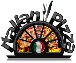 Black Symbol of Italian Pizza with Flames / Black symbol with pizza slices, flames, text Italian Pizza, silver cutlery and Italian flag. Isolated on white background