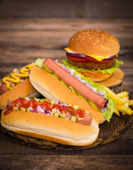 Fast food - Hot dogs, hamburger and French fries 