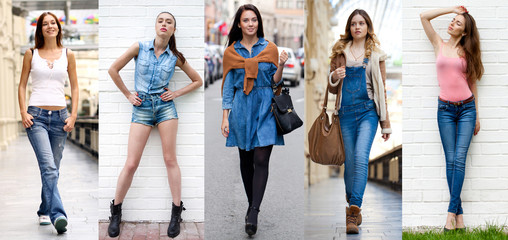 Fototapeta premium Collage. Portrait in full growth the young beautiful girls in bl