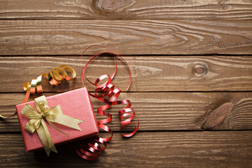 Christmas presents on  wooden table background.