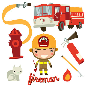 cute fireman kid. firefighter profession.