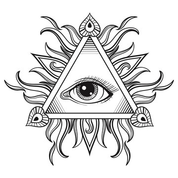 Vector All seeing eye pyramid symbol in tattoo engraving design.