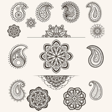 Vector henna mandala set, boho femine lace tattoo elements, desi