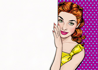 Beautiful girl looking from the empty board in Pop art style.Pop Art girl.Party invitation.Birthday greeting card.Hollywood movie star. Vintage advertising poster. Fashion woman. Ginger hair girl. © lucky1984