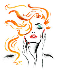 Woman portrait with hand .Abstract watercolor. Fashion illustration. Red lips and nails watercolor painting. Cosmetics advertisement. Lipstick and nail-varnish advertisement. Thinking woman close up.
