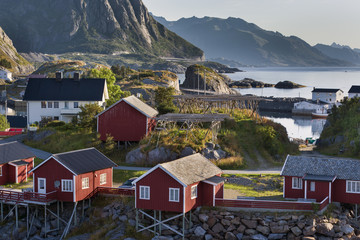 Red fishing hut (rorbu) on the Hamnoy island, Norway