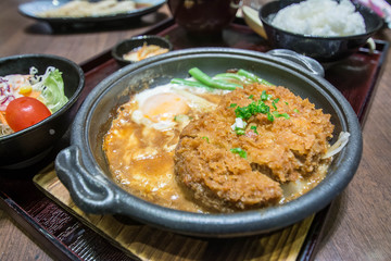 Deep Fired pork boiled  with fresh egg top on the rice bowl. basic Japanese food