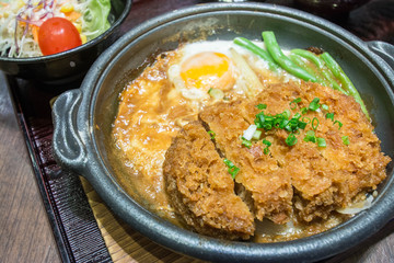 Deep Fired pork boiled  with fresh egg top on the rice bowl. basic Japanese food